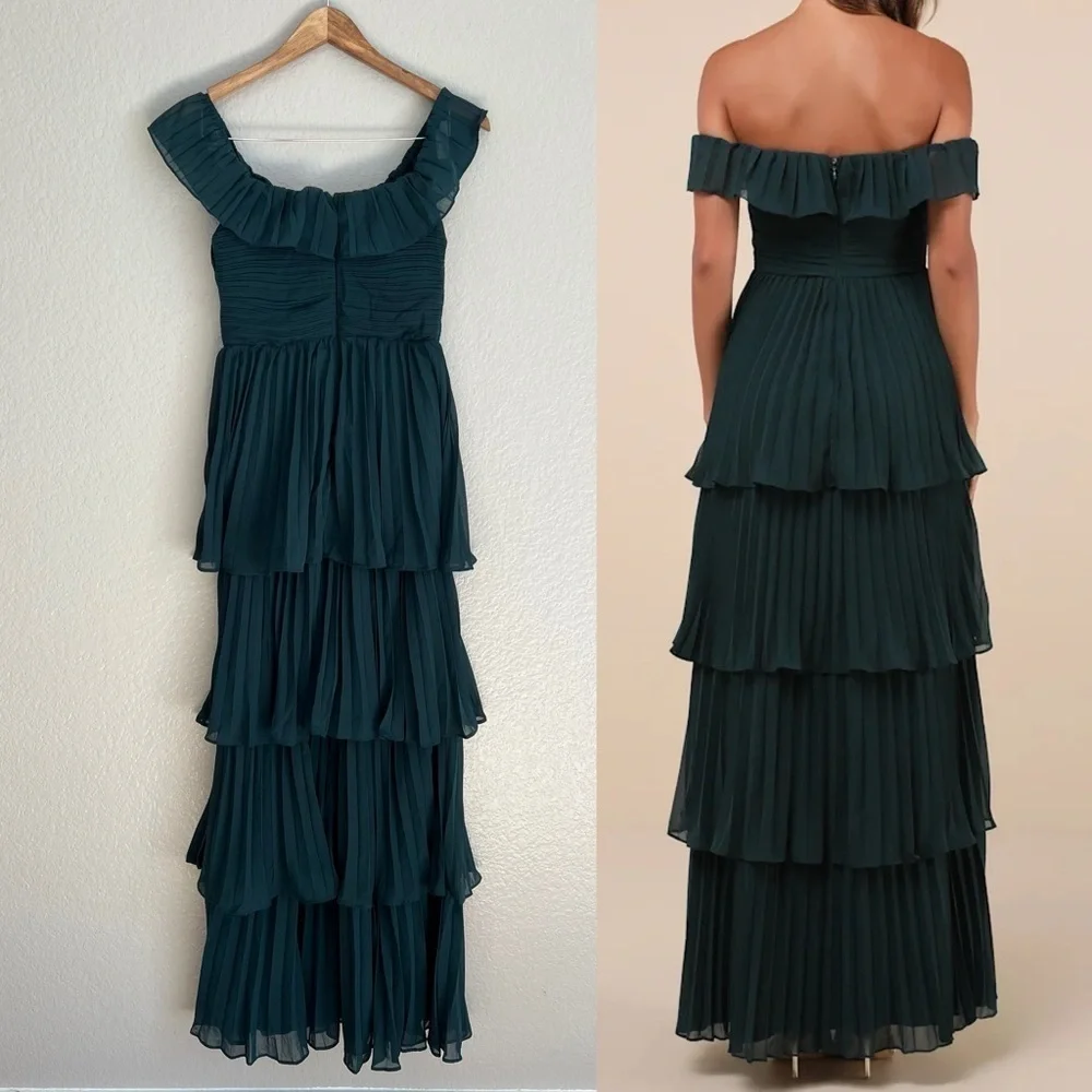 Always Remarkable Emerald Pleated Off-the-Shoulder Maxi Dress - Picture 3 of 10